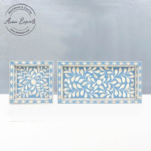 Juego de 2 bandejas de incrustaciones florales hechas a mano Diseño elegante de mármol blanco y negro Perfecto para servir o exhibir artículos - Product Image 2