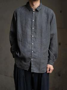 Camisa informal de manga larga para hombre, color gris, 100 % lino, estilo holgado, lavada, diseño elegante y entallado para uso informal - Product Image 1