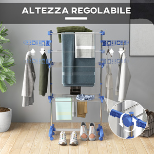 Homcom ชั้นวางผึ่งให้แห้งในแนวตั้งมี3ชั้นวางเหล็กและพลาสติกขนาด142x55x152ซม. สีฟ้าและสีเงิน - Product Image 4