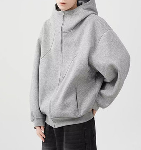 Sudadera con Capucha Extra Grande, Holgada, Gruesa, Lisa, Negra, con Hombros Caídos, 100% Algodón, Felpa, con Cremallera, Talla Grande para Hombre - Product Image 1