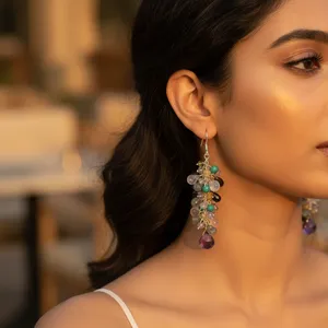 Boucles d'oreilles pendantes en argent 925 multi-pierres pour femmes, plaquées or, forme goutte d'eau avec perles et diamants, bijoux tendance pour mariage et soirée - Product Image 2