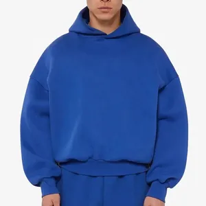 Men's Oversized Blue Hooded Sweatshirt Solid Colour French Terry <b>Fabric</b> Regular Sleeve Autumn Wear With Front Pocket 2027 - Product Image 1
