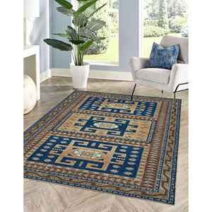 Tapis imprimé au design vintage : bleu, marron, luxe, turc, cadeau de pendaison de crémaillère, tapis en chenille - Product Image 4