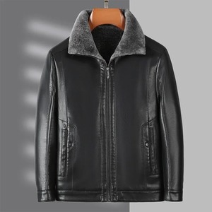 แจ็กเก็ตหนังแท้บุผ้าแคนวาสหนาสำหรับชายสูงอายุวัยกลางเสื้อหนาวทรงหลวมลำลอง - Product Image 4