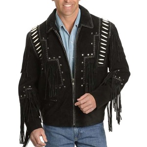 Best Looking OEM <b>Men's</b> Winter Casual Fringe <b>Suede</b> Leather <b>Jacket</b> High Quality Genuine Western Style Stand Collar Cowboy Style - Product Image 2