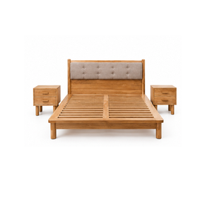 Base de Cama de Madera de Teca con Cabecera Acolchada con Botones Beige y Mesitas de Noche a Juego para Dormitorio Moderno - Product Image 1