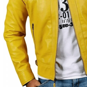 Chaqueta de motorista con cremallera completa de piel de oveja para hombre, chaqueta de bombardero de cuero amarillo suave para hombre - Product Image 4