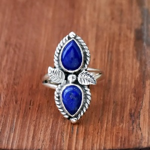 Bague Lapis Lazuli en argent sterling 925 forme de poire conception de feuille filigrane bande fendue bague inspirée de la nature cadeau pour elle - Product Image 2
