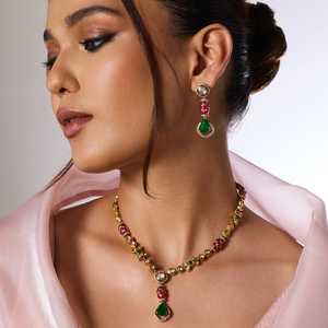 Kundan 189243 Bridal Jewelry Set Gold Plated Brass <b>Necklace</b> with Zircon Pearl Diamond Wedding Ring Included - Product Image 3