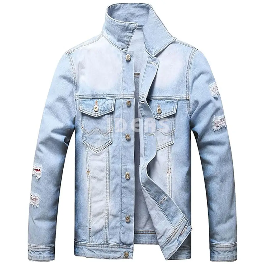 2024 venta al por mayor moda desgastada primavera chaqueta de mezclilla gran bolsillo sólido ropa masculina moda Jeans chaqueta de mezclilla