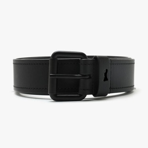 Ceinture décontractée élégante en cuir pleine fleur noir pour hommes avec coutures aux bords solides et boucle à ardillon simple à rouleau noir mat - Product Image 2