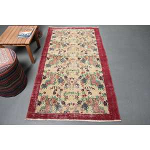 Vintage 3.5 X 6.5 ft Turkish Floral Rug Beige and <b>Red</b> Traditional Pattern <b>Wool</b> Material with Latex Backing - Product Image 1