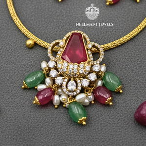 Trendy Ethnic Fine Jewelry Set with Freshwater Pearl <b>Ruby</b> Green Stone Pendant & Earrings for Weddings Parties Gifts Engagements - Product Image 5