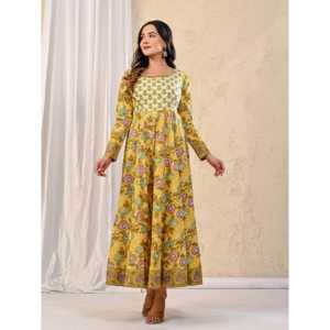 Vestido Anarkali de Algodón Estampado Amarillo Jaal, Transpirable, Estilo Hippie, Talla Única, Largo hasta la Rodilla, para Bodas y Fiestas Diurnas - Product Image 4