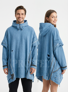 Sudadera con Capucha Extra Grande de Diseño Único, Lavada Estilo Vintage, con Cremallera y Bordes Deshilachados, Ropa Casual y Moderna para Hombre - Product Image 4