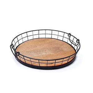 Meilleur prix de gros Nouvelle arrivée Fil de fer Plateau de service Plateau Forme ovale Mangue Bois Thé Café Snacks Plateau de service Noir - Product Image 6