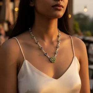 Collier pendentif en argent pour femme avec perles et cristaux verts, design géométrique, bijoux élégants pour soirée, péridot - Product Image 1