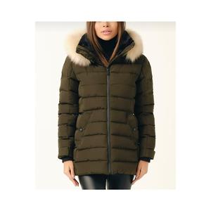 Cappotto a giacca a vento lungo in piumino color cachi con cappuccio rimovibile da donna