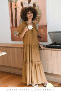 Robe maxi en coton naturel à volants, style bohème, couleur terre cuite, pour femmes, manches cloche, robe de plage - Product Image 3