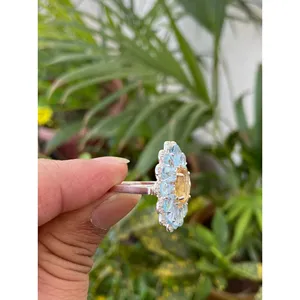 Vintage 925 Silver Cocktail <b>Ring</b> with Citrine & Blue Topaz Gold Plated Metal Gemstone Free Size for Party Crafted in <b>Brass</b> - Product Image 4