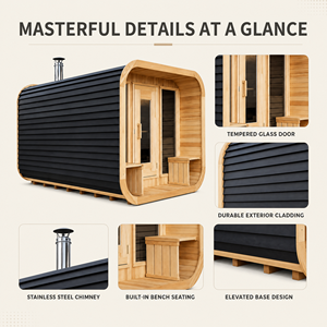 Cabine de sauna <span class=keywords><strong>extérieure</strong></span> PLOUTARA en cèdre massif, design pod, poêle à bois, revêtement noir, porte en verre trempé, OEM ODM, pour resorts de glamping - Product Image 2