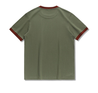 T-shirt décontracté pour homme, vert olive, col rond, manches courtes, coupe classique, couleur unie, avec bordure contrastante rouge, faible MOQ