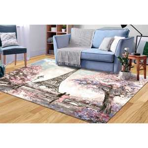 Tapis imprimé vue sur Paris - Couple romantique, Tour Eiffel, feuilles roses, tapis fin non tissé - Product Image 3