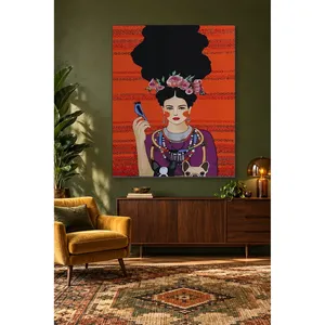 Fida, femme avec couronne de fleurs et chiens sur fond rouge, impression sur toile - Product Image 2