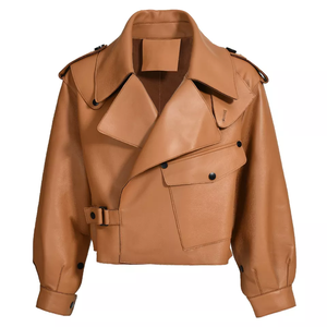 Veste en cuir PU de Style motard d'hiver pour femmes motif solide respirant coupe-vent fermeture à glissière bouton longue longueur tissu imprimé - Product Image 4