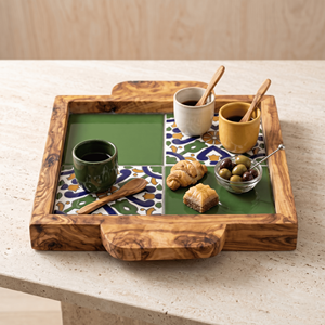 Aesthetic Square Handmade Disposable Olivewood & Ceramic Tile Ottoman Serving <b>Tray</b> for Modern Coffee Table Decor - Product Image 4