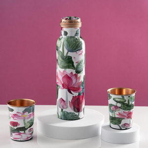 Impressionnant Qualité Vintage Nouvelle Arrivée Pure Copperware Bouteille D'eau Potable Émail Imprimé Conception Avec 2 Verre Bas Prix Pour Les Maisons - Product Image 2