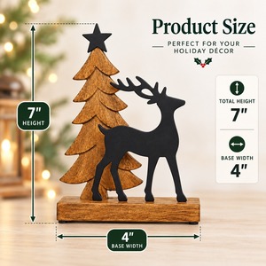 Wooden Christmas Tree and Reindeer Decor 7 Inch Tabletop Holiday Ornament Rustic Winter Theme Decorative <b>Object</b> - Product Image 1