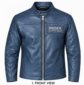 Chaqueta de Cuero Sintético Azul para Hombre, Estilo Motero, Cuello Alto, Cierre de Cremallera, Corte Ajustado, para Otoño - Product Image 1