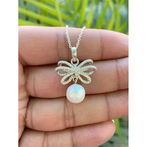 925 <b>Silver</b> Pearl Bow Necklace Elegant and Stylish Accessory - Product Image 1