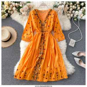 Robe mexicaine brodée florale bohème pour femmes 100% coton décontracté à manches longues avec taille naturelle noir lavable - Product Image 6