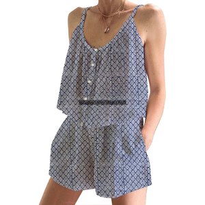 Conjunto de Pijama de Algodón Puro para Mujer, Conjunto de Pijama de Algodón Orgánico Estampado de Lujo para Primavera/Verano, Floral, Ajustado, con Tirantes, Sin Mangas - Product Image 2