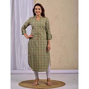 Green Georgette <b>Block</b> <b>Printed</b> Straight Kurti Ankle-Length Indian Dress Pakistani for Party Wear Includes Salwar Kameez Saree - Product Image 6