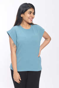 Haut à manches courtes en tricot gaufré à la mode pour femmes léger col rond coupe décontractée chemisier décontracté et tenue de bureau pour tous les jours - Product Image 2