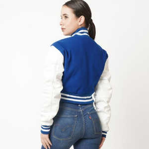 Chaqueta de béisbol de cuero para mujer azul de diseño personalizado, Chaqueta corta de lana y Letterman para mujer - Product Image 6