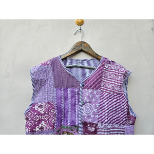 Handmade Printed Finished Vintage Purple <b>Sleeveless</b> Organic Cotton Quilted <b>Jacket</b> <b>Women</b> Bohemian Style Unique Durable Fit Stripe - Product Image 4