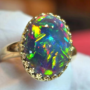 แหวนหมั้นวินเทจเงินแท้ 925 ชุบทอง ประดับโอปอลดำธรรมชาติจากเอธิโอเปีย คุณภาพ AA พร้อมพลอยอินเดีย - Product Image 1