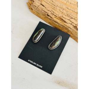 Ethnic Style Navajo Made <b>Stud</b> Earrings Black Jack Turquoise & Sterling <b>Silver</b> Post with Bezel Setting - Product Image 3
