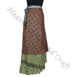 2025 étnico Reversible dos capas indio Vintage seda Sari longitud larga Magic Wrap falda mujeres verano vestido seda Wrap falda mágica - Product Image 4