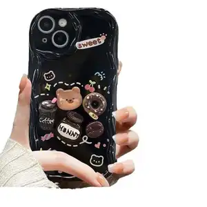 Top selling black bear doll with black bell pendant cover phone case for iphone 14 plus13 pro xr case