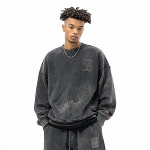 Distressed Stone Wash Winter Men's Oversized Fleece Pullover <b>Sweatshirt</b> Rhinestone <b>Embroidery</b> Printed Vintage Streetwear Crew - Product Image 2