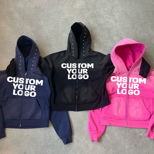 เสื้อฮู้ดดี้ผู้ชายปักโลโก้ส่วนตัว ผ้าหนา 100% ผ้าฝ้าย ซิปฮู้ดดี้ 450gsm 500gsm ทรงโอเวอร์ไซส์ ประดับคริสตัล ลายซันเฟด - Product Image 2