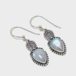 Pendientes de piedra lunar arcoíris de pera hechos a mano, joyería colgante de plata de ley 925, regalo elegante para mujeres, diseño bohemio - Product Image 4