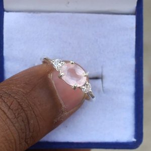 925 Sterling <b>Silver</b> Rose Quartz <b>Solitaire</b> <b>Ring</b> Classic Design with Gold Plating Romantic Oval Cut for Wedding Engagement Party - Product Image 1