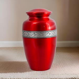 Urna de cremación clásica roja brillante con recuerdo de banda plateada Cenizas para adultos Estilo americano Nuevo diseño Entierro funerario Tarro de urnas de metal - Product Image 1