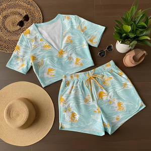 ชุดเสื้อกางเกงขาสั้นผ้าซาตินสองชิ้นของผู้หญิงชุดเอวลอยกางเกงขาสั้นผ้าฝ้ายเอวปานกลางแต่งลายสีพื้นตกแต่งสไตล์ลำลอง - Product Image 2